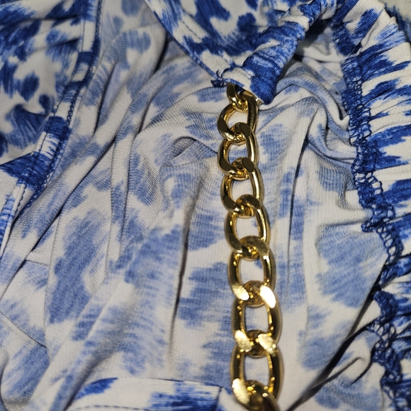 Michael Kors MK Gold Chain Blue Sky Puffy Clouds Midi Dress M NWOT - Picture 7 of 8